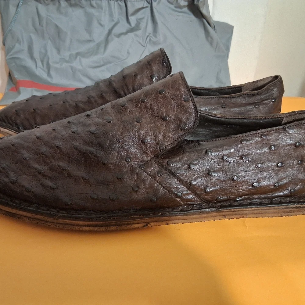 Prada Dark Brown Ostrich Leather Slip-On Loafers